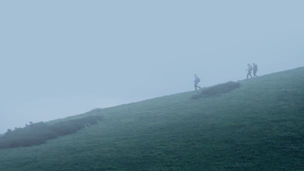 People Hill Walking Misty Landscape — Stock video