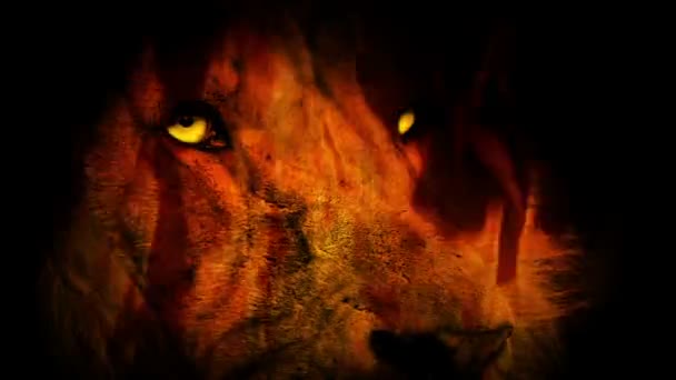 Kraftfullt Lejonansikte Brand Med Glödande Ögon — Stockvideo