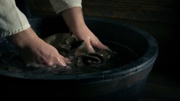 Man Washing Shirt Tub Historical Setting — Stock Video