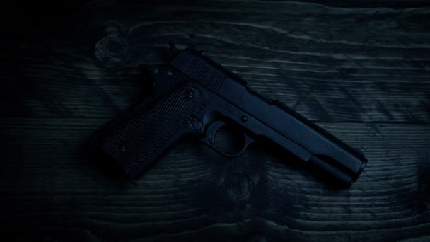 Gun Taken Hand Gloved Hand Dark Room — Stock Video