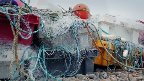 Redes Pesca Cordas Pilha Praia — Vídeo de Stock