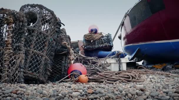 Lobster Pots Boat Shore — Stock Video