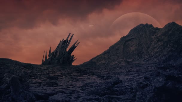 Paisagem Scifi Com Estranho Navio Alienígena Planetas Enormes Céu — Vídeo de Stock