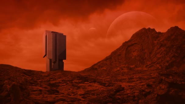 Stor Byggnad Röd Planet Med Månar Himlen — Stockvideo
