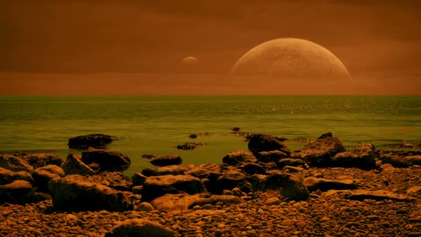 Scifi Planet Landscape Sea Moons — Stock Video