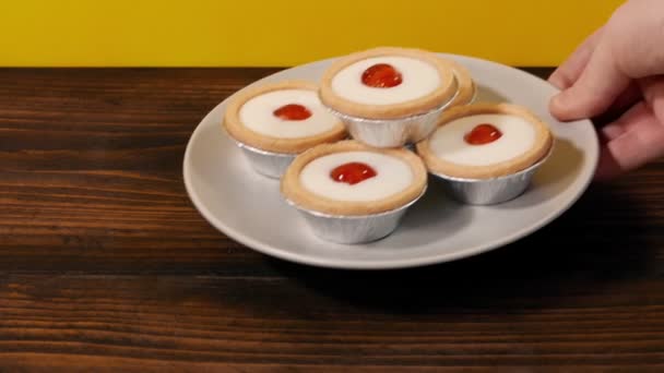 Bakewell Tarts Put Out Person Takes One — Stock Video