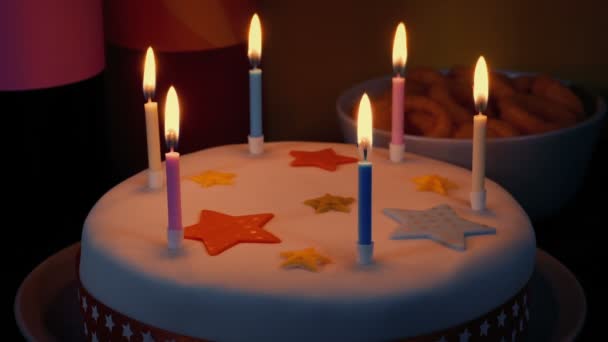 Jolies Bougies Gâteau Anniversaire Soufflé Gros Plan — Video