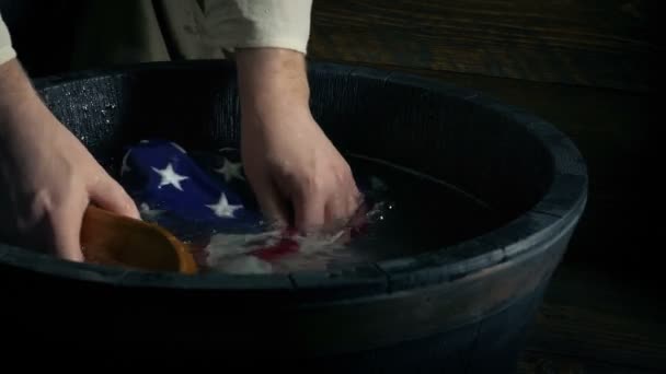 Hand Scrubbing American Flag History Scene — Stock Video