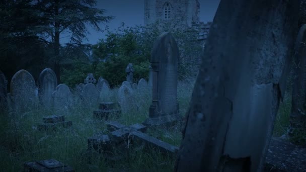 Passare Vecchie Tombe Nel Cimitero Ventoso Tramonto — Video Stock