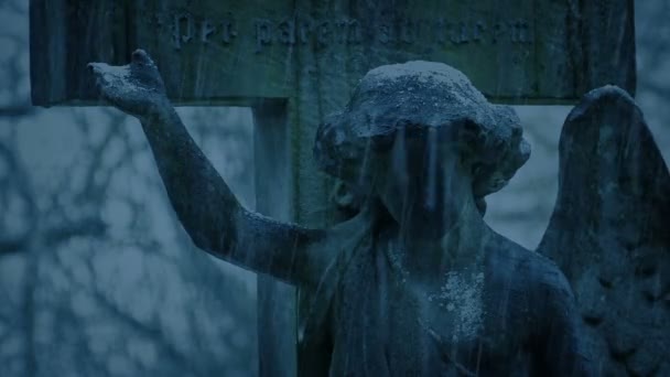 Сніг Падає Статую Ангела Ввечері — стокове відео