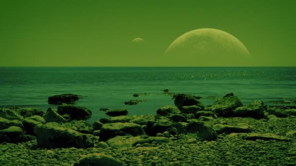 2つの月と緑の惑星の水 — ストック動画