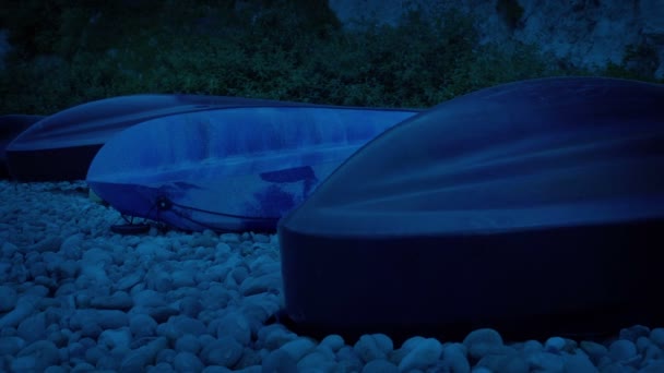 Canoes Lined Beach Evening — Stock Video