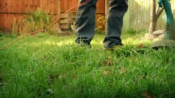 Použití strunová sekačka v zahradě — Stock video