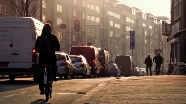 Menschen und Autos in der sonnigen Innenstadt — Stockvideo