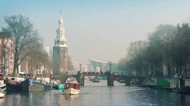 Boat On Historic Canal Through City — Stock Video