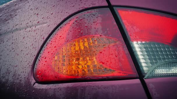 Intermitente luz trasera del coche en la lluvia — Vídeo de stock