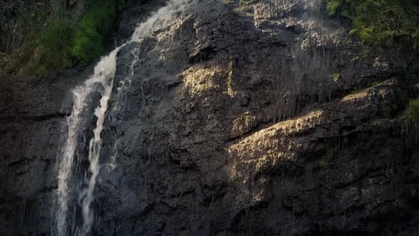 Wasserfall stürzt Felswand im Abendwald hinunter — Stockvideo