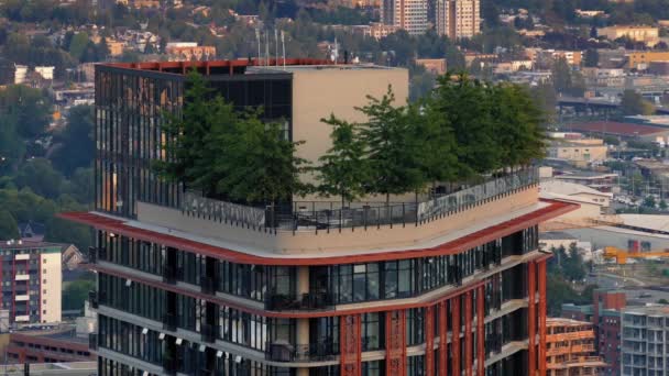 Edificio de apartamentos con árboles en la parte superior de la ciudad — Vídeo de stock