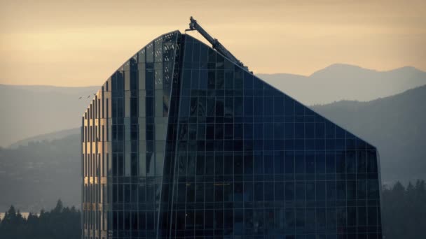 Pájaros vuelan pasado rascacielos de cristal grande al amanecer — Vídeos de Stock