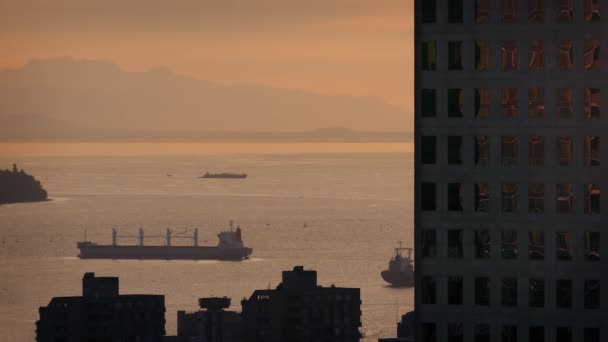 Navios na baía perto de edifícios da cidade ao pôr do sol — Vídeo de Stock