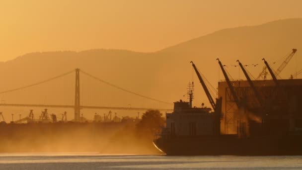 Sonnenaufgang Szene von Schiff in der Bucht — Stockvideo