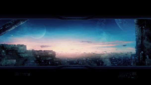 Città del futuro con auto volanti e astronavi — Video Stock