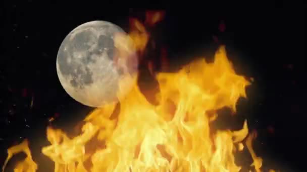 Feuer mit Mond im Hintergrund — Stockvideo