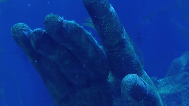 在海洋中的古代手雕像 — 图库视频影像
