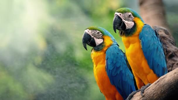 Perroquets aras sur branche dans un paysage tropical 