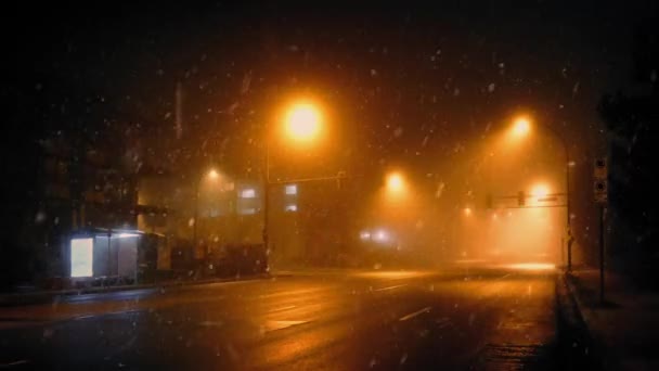 Ônibus dirige passado em nevado tempo à noite — Vídeo de Stock