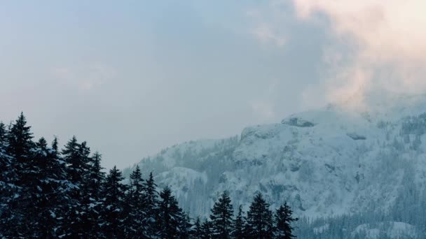 La vapeur attrape la lumière du soleil près de la montagne enneigée — Video