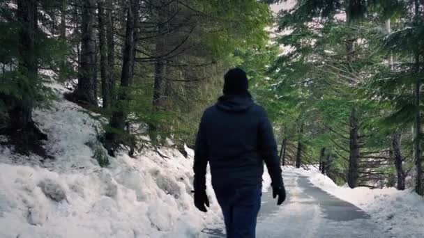 L'uomo cammina sulla strada forestale nella neve — Video Stock