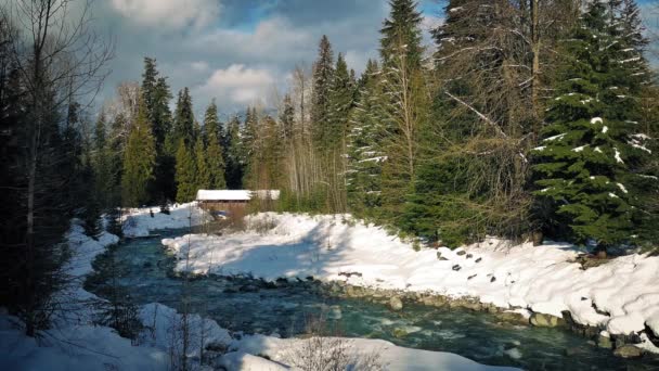 Überdachte Brücke in verschneiter Winterlandschaft — Stockvideo