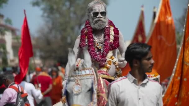 Sadhu indiano in arrivo a Kumbh Mela, benvenuto reale. Cenere coperto Sadhus seduto a cavallo, Cammello indossa ghirlanda, Slowmotion Appleprores 422 Cinetone. — Video Stock