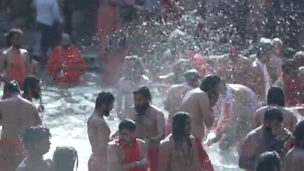 Kumbh Mela Haridwar Indie. Ujęcie Sadhusa albo Świętych Akharasza kąpiących się w Świętej Wody Gangesu Rzeki. Appleprores 422 Cinetone — Wideo stockowe