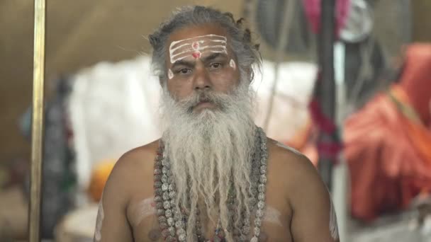 Kumbh Mela Haridwar Indien. Sadhu oder Heiliger der Meditation in Mahakumbh. Appleprores 422 Cinetone 60fps. — Stockvideo