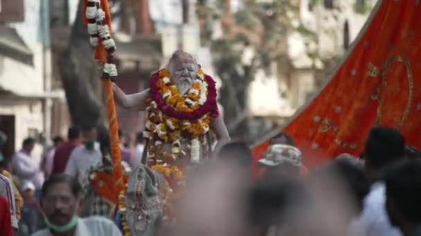 Indyjski sadhus przybywa do Kumbh Mela, królewskie powitanie. Ash pokryte Sadhus siedzi w koniu nosząc girlandę, Appleprores 422 Cinetone 60fps. — Wideo stockowe