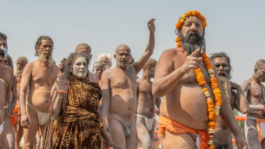 Hint azizleri veya sadhus patikaları Hindistan 'daki en büyük dini festival Kumbh Mela, Haridwar India, Appleprores 422, Cinetone