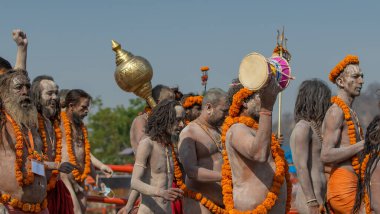 Hint azizleri veya sadhus patikaları Hindistan 'daki en büyük dini festival Kumbh Mela, Haridwar India, Appleprores 422, Cinetone