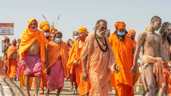 Santos indios o sadhus trail en el festival religioso más grande de la India Kumbh Mela, Haridwar India, Appleprores 422, Cinetone — Foto de Stock