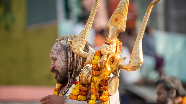 Sadhus indio viniendo a Kumbh Mela, bienvenida real. Sadhus sentado con guirnalda — Foto de Stock