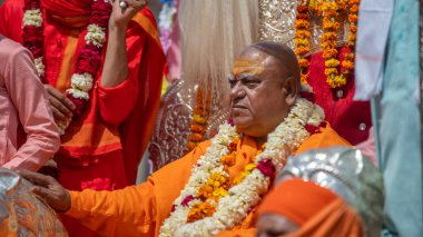Hint sadhusu Kumbh Mela 'ya geliyor, Royal Welcome. Sadhus çelenk takarak oturuyor.