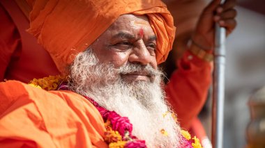Hint sadhusu Kumbh Mela 'ya geliyor, Royal Welcome. Sadhus çelenk takarak oturuyor.