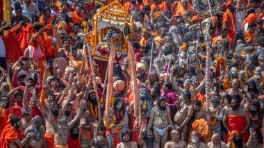Hindistan 'daki en büyük dini festival olan Kumbh Mela, Haridwar India' daki Hint azizleri veya sadhus patikalarında., 