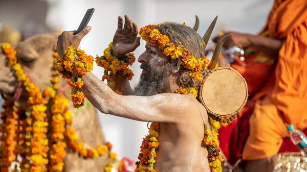 Indyjski sadhus przybywa do Kumbh Mela, królewskie powitanie. Sadhus siedzi w girlandzie — Zdjęcie stockowe