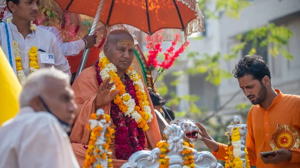 stock image Indian sadhus coming to Kumbh Mela, Royal welcome. Sadhus sitting wearing garland