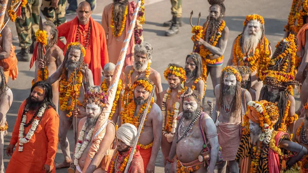 Sadhus indio viniendo a Kumbh Mela, bienvenida real. Sadhus sentado con guirnalda — Foto de Stock