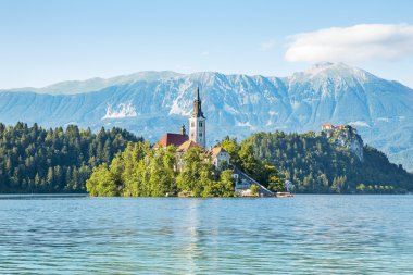 Church on an island and castle on rock in Bled clipart