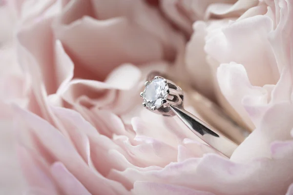 Diamond ring in a pink rose — Stock Photo, Image