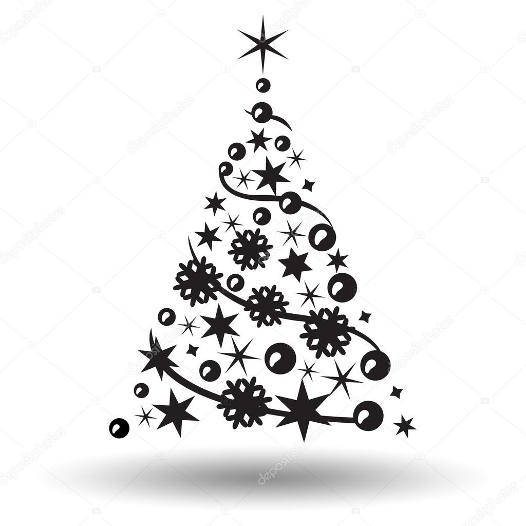 Christmas tree isolated. Abstract design logo. Logotypeof tree  with snowflakes,stars,balls and lines